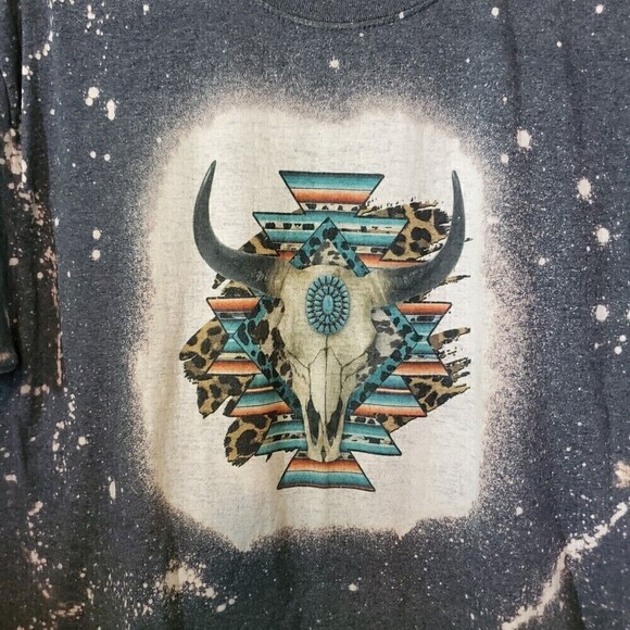 Bleached Aztec Bull Womens Tshirt Large Gray Splattered Cotton Short Sleeve - Picture 2 of 3